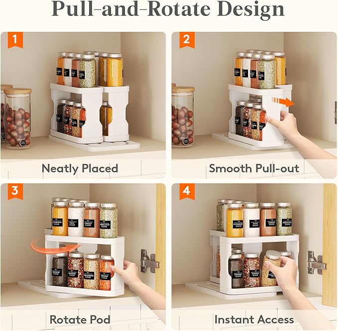 Lifewit Sliding Spice Rack for Cabinets, 6.4"H x 11.1"D x 6.1"W Slide Out Swive Cupboard Spice Organizer with Non-Slip Mat, A