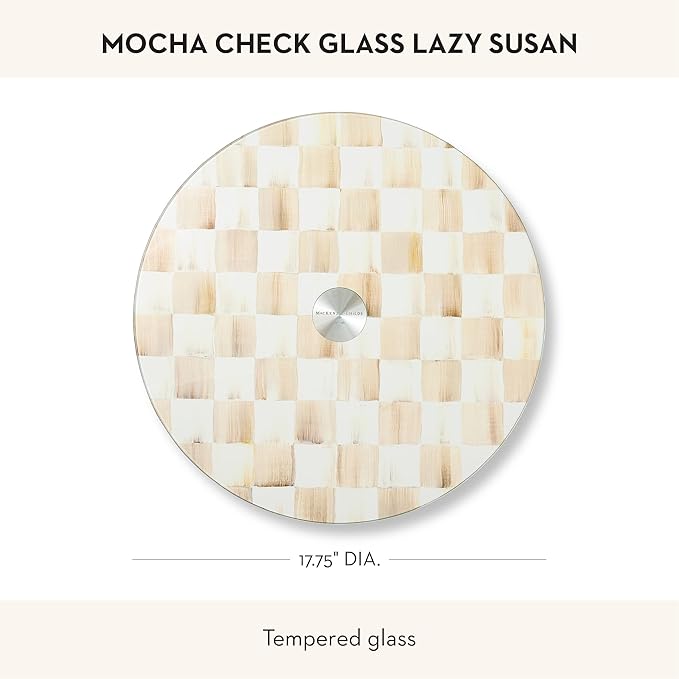 MACKENZIE-CHILDS Glass Lazy Susan, Round Rotating Serving Board, Brown-and-White Mocha Check