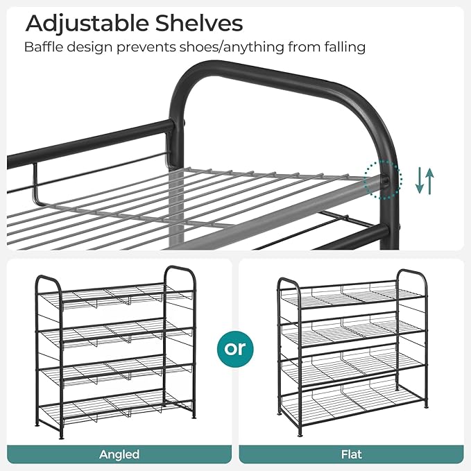 SONGMICS Stackable Shoe Rack, 4 Tier Metal Shoes Rack Storage Shelf, Holds up to 16 Pairs Shoes, Adjustable Slanted Shelves S