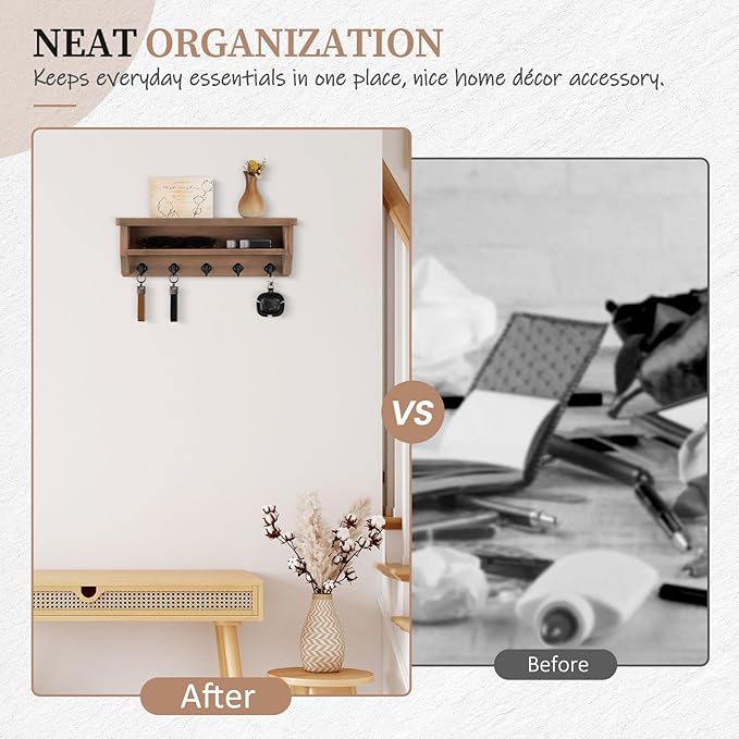 Nekon Key Holder Wall Mount, Wall Organizer Shelf with 5 Key Hooks, Room Decor for Home and Apartment Essentials, Brown