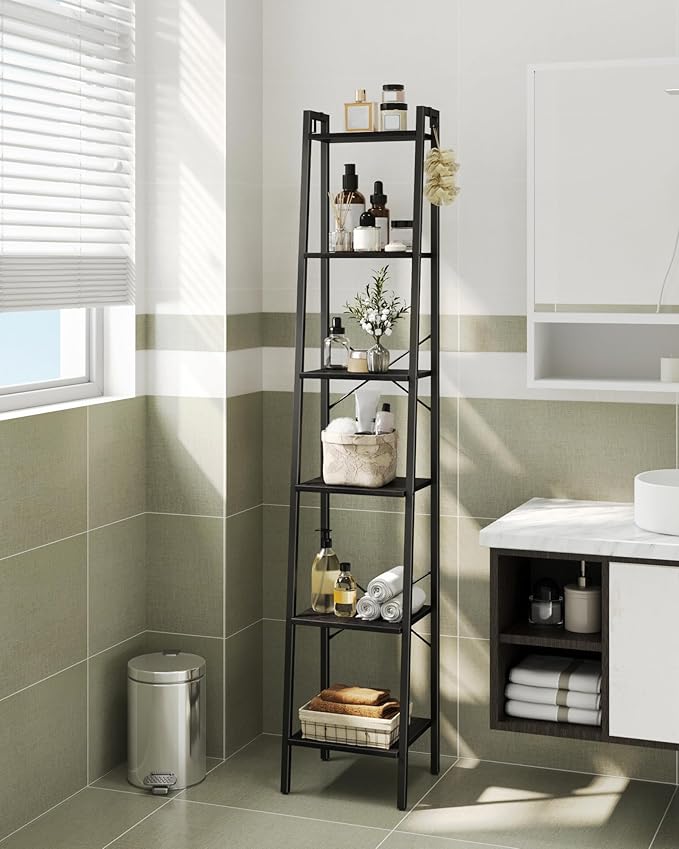 Hzuaneri Ladder Shelf, Bookshelf Bookcase, Freestanding Corner Storage Shelve with 2 Hooks for Home Office, Living Room, Kitc