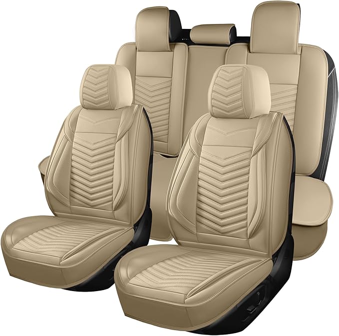 Nappa Leather Car Seat Covers Full Set, Beige Car seat Protector 5 Seats, Waterproof Car Seat Cushion, Universal Automotive S