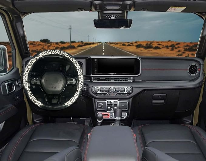 KAFEEK Cream Leopard Steering Wheel Cover for Women, Universal 15 Inch Soft Microfiber Leather Car Wheel Protector, Aesthetic