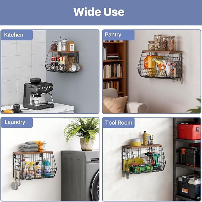 Housolution Wall Mounted Fruit Basket for Kitchen, Hanging Fruit Bowl Wire Baskets with 4 Hanger Hooks, Potato and Onion Stor