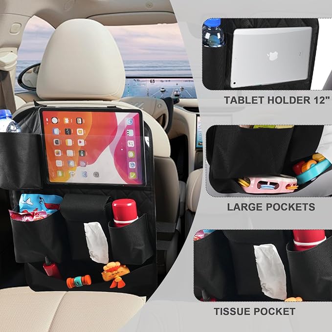 Car Seat Organizers,Multi-functional Back Seat Protectors, Storage Pouches, Child kicking prevention and Tray Holders Kick Mats Back (for Cars, Kids,and Rear Seats) (Black, 2 Pack)