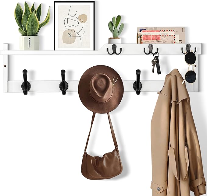 29'' Coat Rack Wall Mount with Shelf, Coat Hanger Wall Mount with Key Hooks and Mail Holder, Wood Entryway Floating Shelf wit