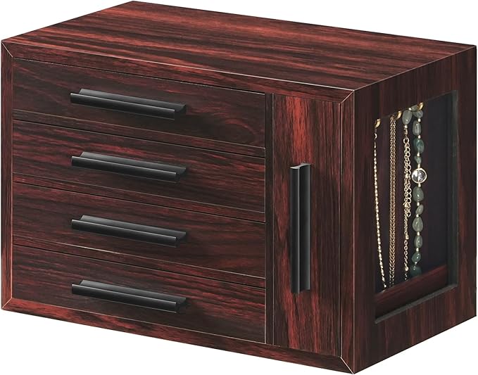 HOOBRO Jewelry Box for Women, Wooden Jewelry Organizer with Transparent Window, 4-Layer Jewelry Organizer Box, Jewelry Holder
