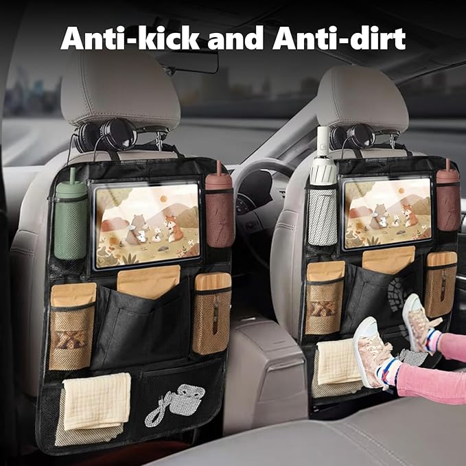 2PCS Car Backseat Organizer with 10" Tablet Holder, Waterproof Oxford Fabric Auto Back Seat Protector Kick Mat, Multi-Pocket Back Seat Organizer Storage, Travel Car Accessories (Small Pocket)