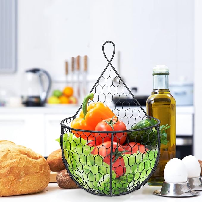ERYTLLY Metal Fruit And Vegetable Storage Hanging Basket Wall Mounted, Hanging Basket For Kitchen Black Wire Baskets for Flow