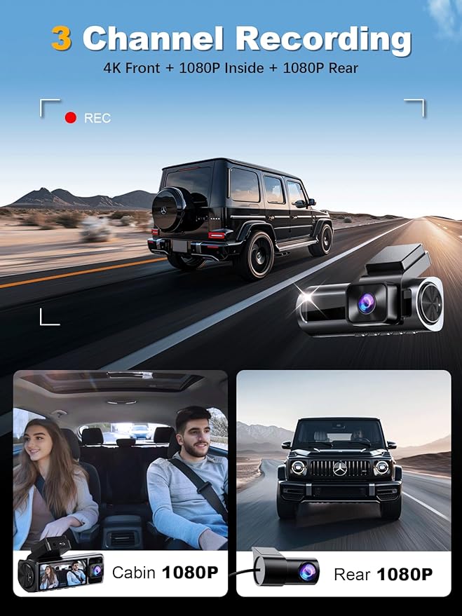 4K 3 Channel Dash Cam Front and Rear Inside, Built-in 5.8GHz WiFi GPS, 64GB Card Included, 4K+1080P+1080P Dash Camera for Car