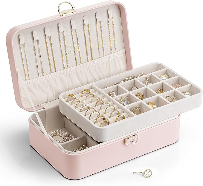 Vlando Jewelry Box Organizer for Women Girls, 2 Layer Jewelry Case with Lock,Jewelry Storage Earrings Necklace,Rings,Gift Box