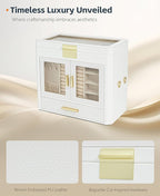 11" Large Jewelry Box White Woven PU Leather Storage Case Holds 100+ Pieces, Jewelry Case with Metal Handles for Necklaces, R