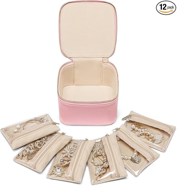 Vlando Travel Jewelry Box for Women,Faux Leather Jewelry Case with 6 Velvet Jewelry Zipper Pockets,Gift Ideas for Women Wife 