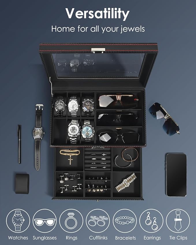 Kukikan Watch Jewelry Box Organizer, 6-Slot 2-Layer Watch Case and Sunglasses Storage with Large Glass Lid, Men's Jewelry Box