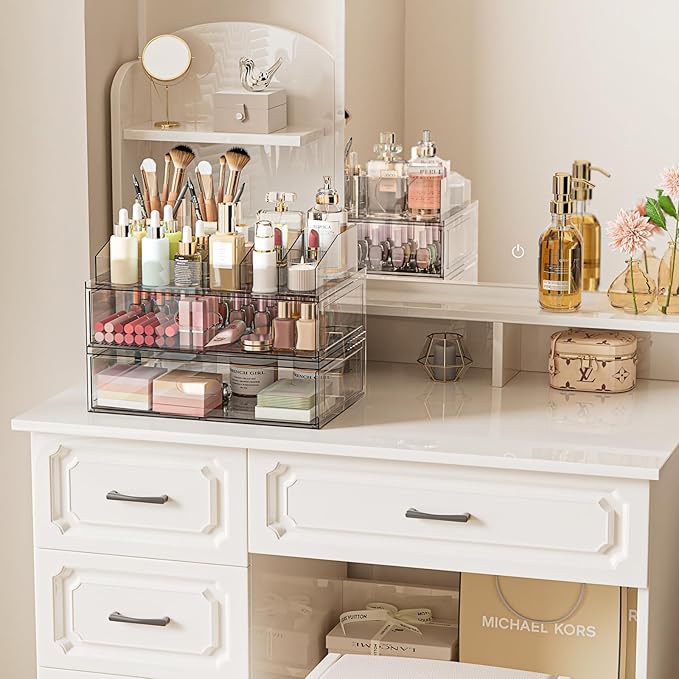 Clear Stackable Makeup Organizer with Drawer, 12''W Acrylic Storage Drawers, Cosmetic Display Case for Vanity Bathroom Counte