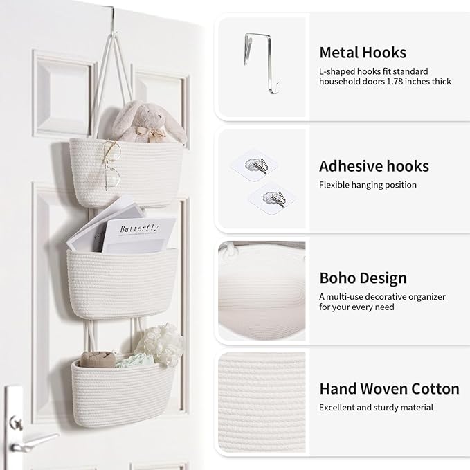 ANTIS'S HOME Over The Door Organizer Hanging Basket, 3-Tier Woven Cotton Wall-Mounted Nursery Storage Organizer Bag Boho Deco