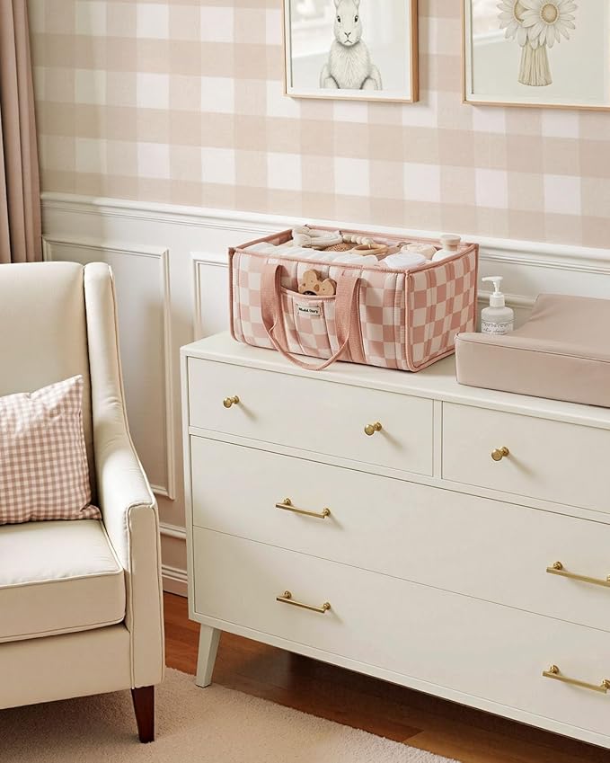 Blissful Diary Checkered Diaper Caddy Organizer, Stylish Nursery Storage Basket, Gift for Baby Shower, Newborn Essentials, Re