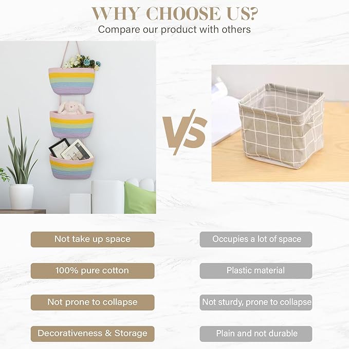 TeoKJ Over the Door Hanging Basket, 3-Tier Woven Cotton Wall-Mounted Storage Organizer Bag Decorative Hanging Nursery Baskets