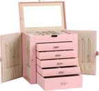 Frebeauty Large Jewelry Box,6-Tier PU Leather Jewelry Organizer,Multi-functional Storage Case with Mirror,Accessories Holder 