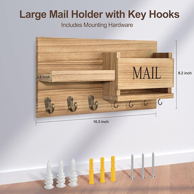 Lwenki Mail Organizer for Wall Mount – Key Holder with Shelf Includes Letter Holder and Hooks for Hallway Farmhouse Decor – R