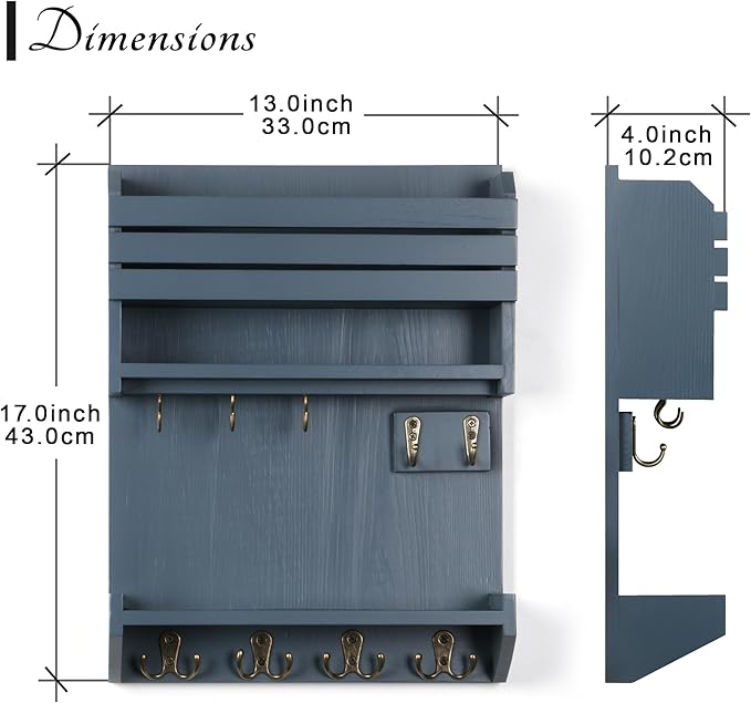 Key Holder, Wall Mounted Mail Organizer, Keys Holder on Wall with 9 Key Hooks, Gray