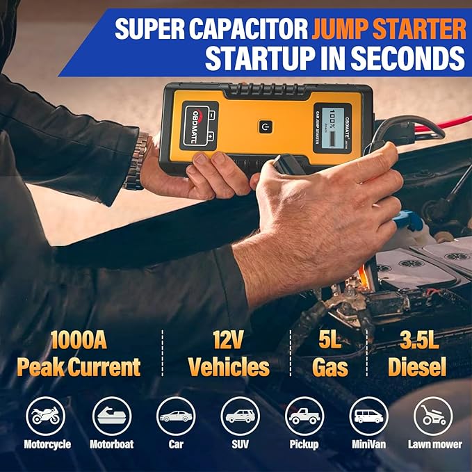 Car Jump Starter 1000A, Super Capacitor Jump Starter Non-Battery for 12V Gas Diesel Engines, 12V Portable Jump Starter for