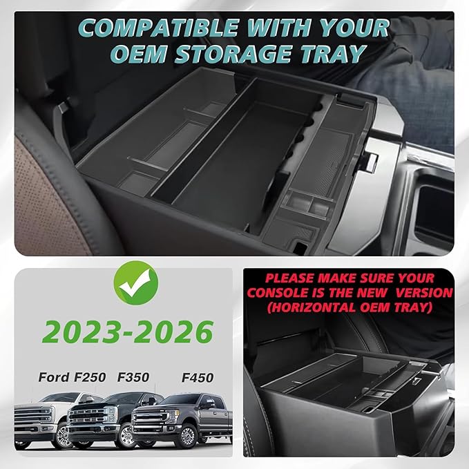 Muslogy Center Console Organizer for 2023-2025 2026 Ford F250 F350 F450 Super Duty Accessories Custom Fit Storage Box Divider(Fit with OEM Tray), Fits Bucket Seats Only, Not for Work Surface (Black)