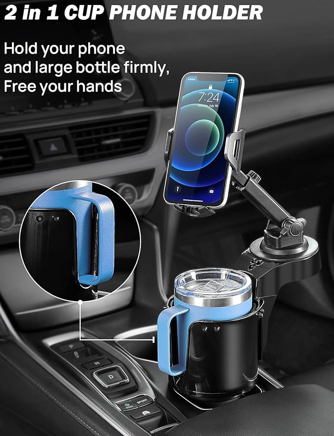 JOYTUTUS Cup Holder Phone Mount for Car, Car Cellphone Large Adapter Long Arm with 360 Degree Rotation, Compatible iPhone, Samsung & All Smartphones,Black,1 Pack