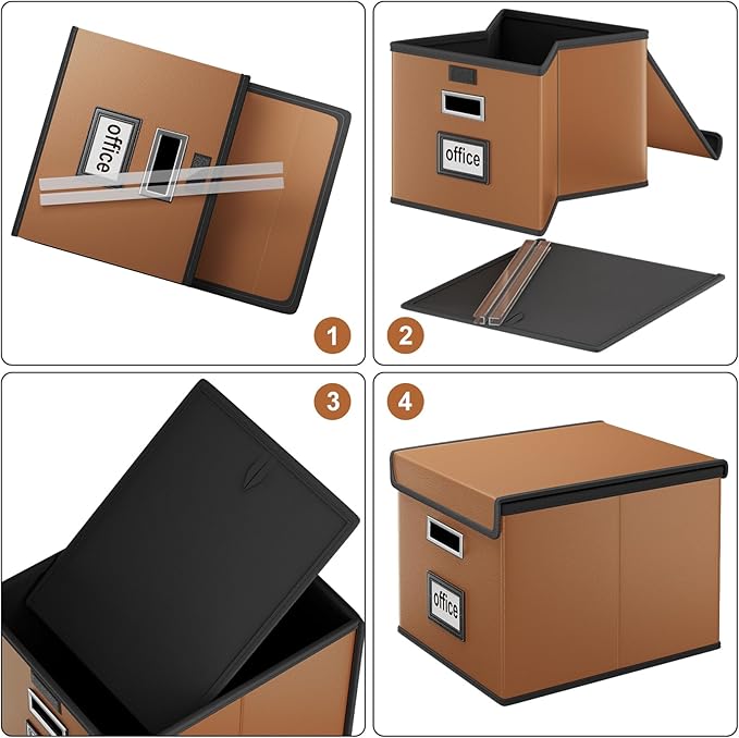 Huolewa Faux Leather File Organizer Box with Lid, Collapsible Hanging File Folder Box Organizer with Plastic Slides, Decorati