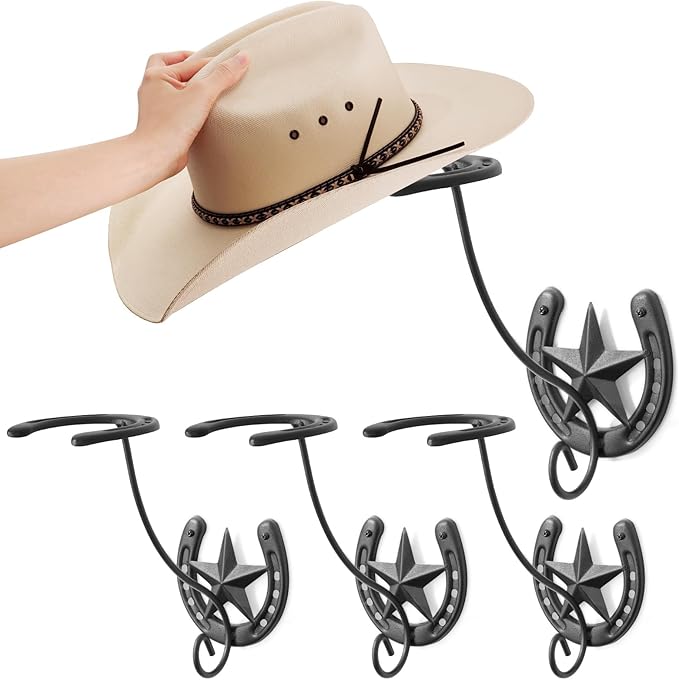 Cowboy Hat Holder for Wall 4 Pack Metal Iron Cowboy Hat Rack Western Hat Hanger Horseshoe Hooks Storage Cowboy Hat Organizer 