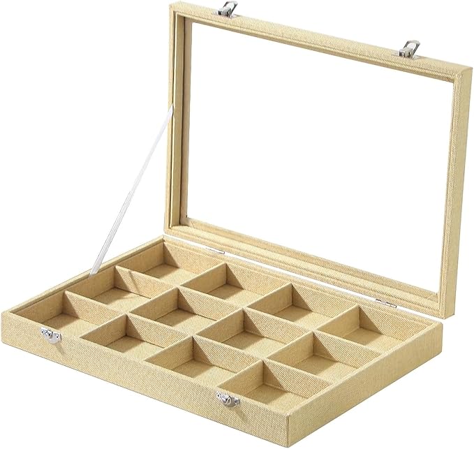 Coward Jewelry Organizer Box, Yellow Linen 12 Grids Bracelet Bangle Necklace Jewelry Display Tray Case with Transparent Glass