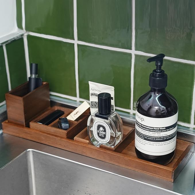 Wood Vanity Tray, 6-Piece Small Bathroom Counter Organizer Wooden Decorative Trays Rectangular Perfume Jewelry Makeup Cosmeti