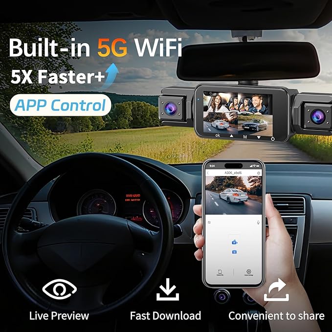 4 Channel Dash Cam Front and Rear Cabin, 360° Dash Camera ，Night Vision 8 IR Lamps Dash Camera for Cars, 5G WiFi for Download