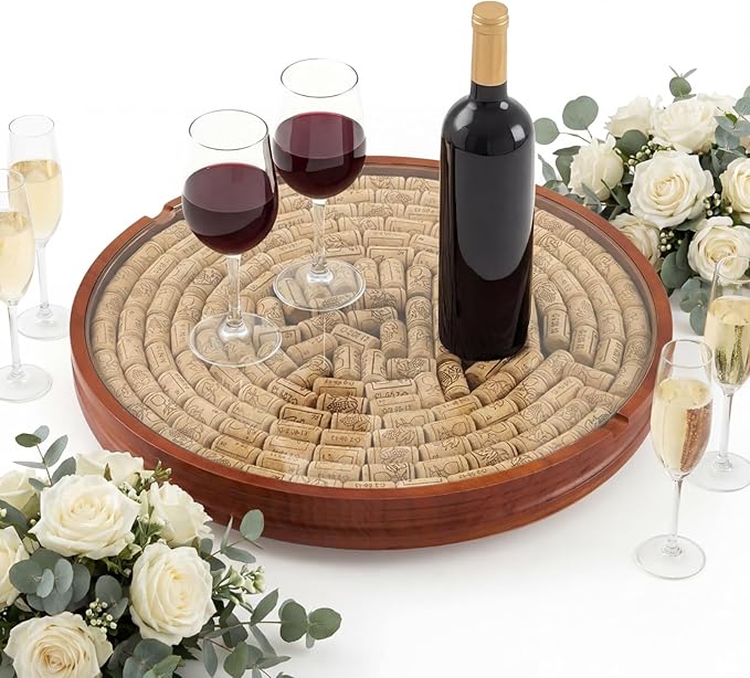 Maxdot Wine Cork Holder Decorative Wine Lover Creative Wedding Gifts for Couples Wooden Lazy Susan for Countertop with Glass 
