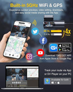 GKU Dash Cam Front and Rear Camera,4K+1080P, 5.8GHz WiFi & GPS Dash Camera for Cars,with 64G SD Card,1.47" Display Dashcam, 2