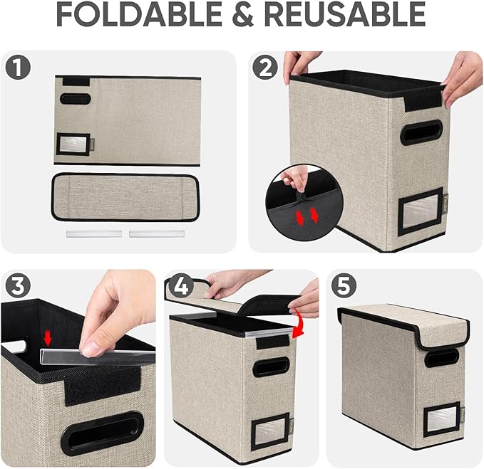 BALEINE File Organizer Box with Lid, Collapsible File Folder Organizer with Plastic Slide, Hanging File Folder Box for Office