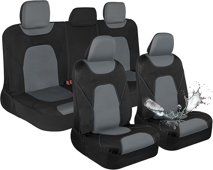 Motor Trend Waterproof Car Seat Covers Full Set – Black & Gray Seat Covers for Car Front & 60/40 Split Back Bench - Carseat C