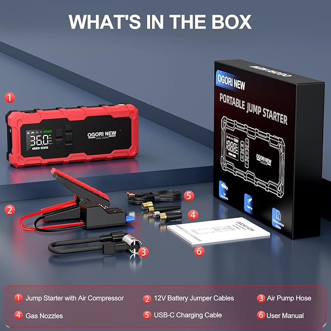 7000A Jump Starter with Air Compressor, 21800mAh 150PSI Portable Car Battery Jump Starter (All Gas/16L Diesel), 12V