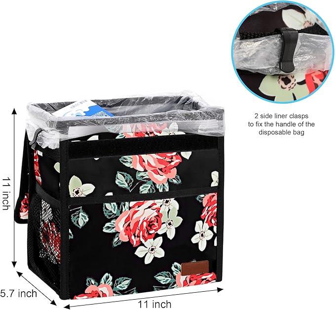 Car Trash Can Leak Proof Car Trash Bag Waterproof Car Garbage Can with Lid Collapsible and Portable with Storage Pocket, Large/Flower, 3 Gallons