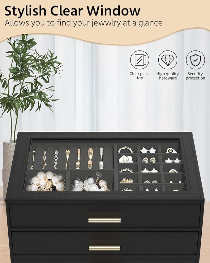 AKOZLIN Jewelry Box with Clear Lid Functional Leather Jewelry Storage Organizer Case 4 Drawers for Women Girls Necklace Ring 