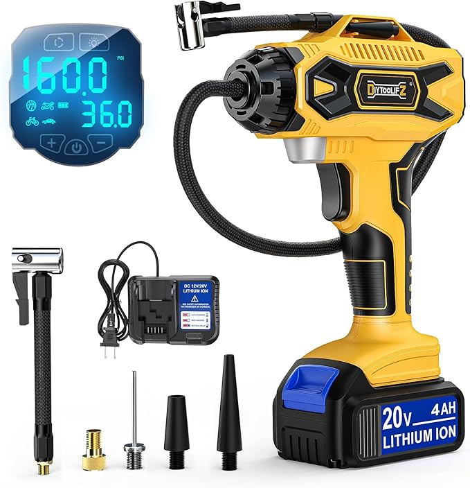 Cordless Tire Inflator Air Compressor: 160PSI Portable Air Pump Compatible with Dewalt 20V Battery, with 4AH Battery & Charger, Digital Pressure Gauge for Cars, Motorcycles, Bikes