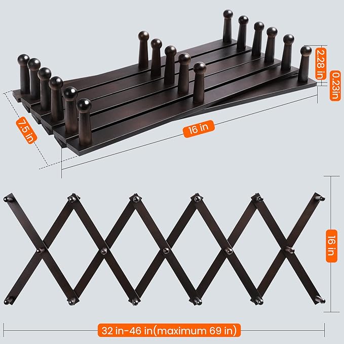 Homode Accordion Wall Hanger, Hat Hangers Wall Mounted, Wood Accordian Coat Rack with 17 Hooks, Expandable Peg Rack Wall Orga