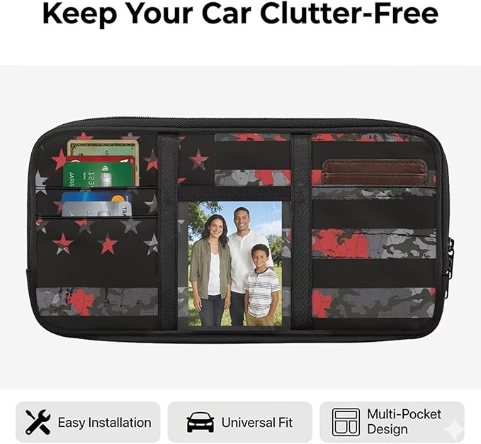 Vintage Flag Car Sun Visor Storage Bag Auto Interior Accessories Pocket Organizer Car Storage Pouch Holder with Multi-Pocket Net Zipper