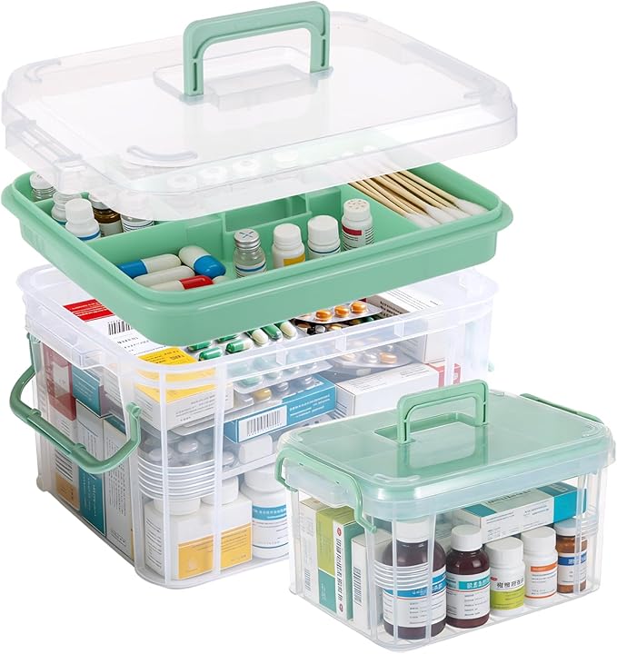 2 Pack Clear Medicine Organizer Box with Handle Thickened Plastic Medicine Cabinet with Tray First Aid Box Empty Multipurpose