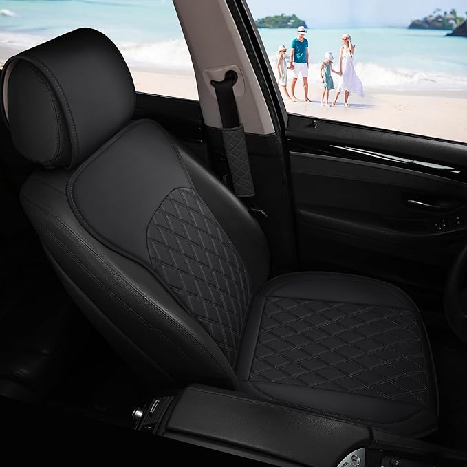 Sanwom Front Car Seat Covers - Leather Seat Covers with Storage Pocket and Two Belt Pads, Anti-Slip Waterproof Universal Seat