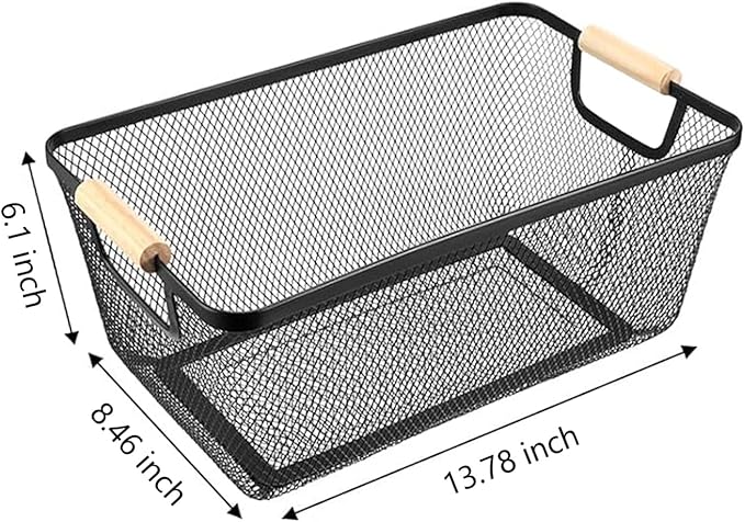 AJIODA Metal Mesh Steel Basket, Large Wire Storage Organizer Basket Multi-function Hanging Kitchen Baskets with Wood Handle f