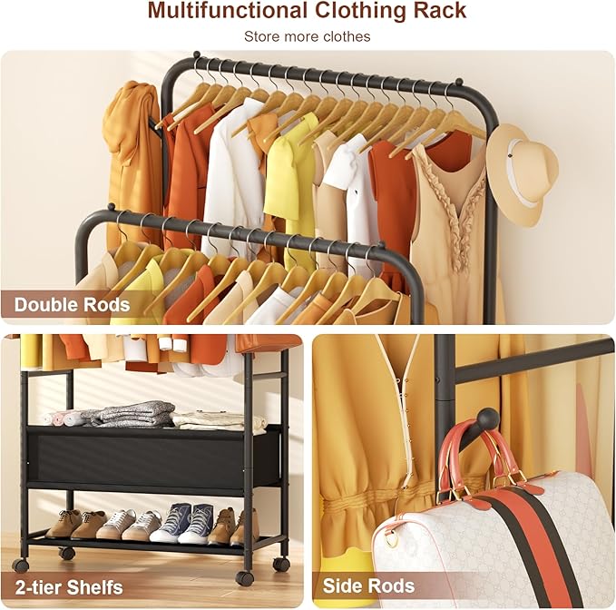 Furologee Clothing Racks for Hanging Clothes, Portable Rolling Garment Rack, Sturdy Metal Freestanding Clothes Rack with Whee
