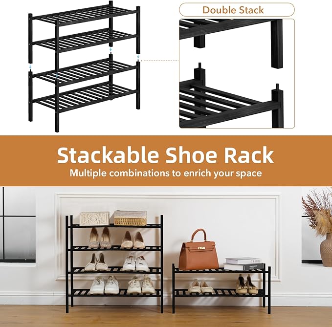 2 Tier Bamboo Shoe Rack Storage Organizer for Closet, Multifunctional Stackable Free Standing Shoe Shelf Organizer for Small 