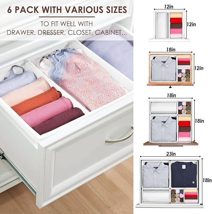 Criusia 6 Pack Clothes Drawer Organizer, Fabric Foldable Closet Dresser Drawer Organizer for Clothing, Bra Sock Underwear Dra