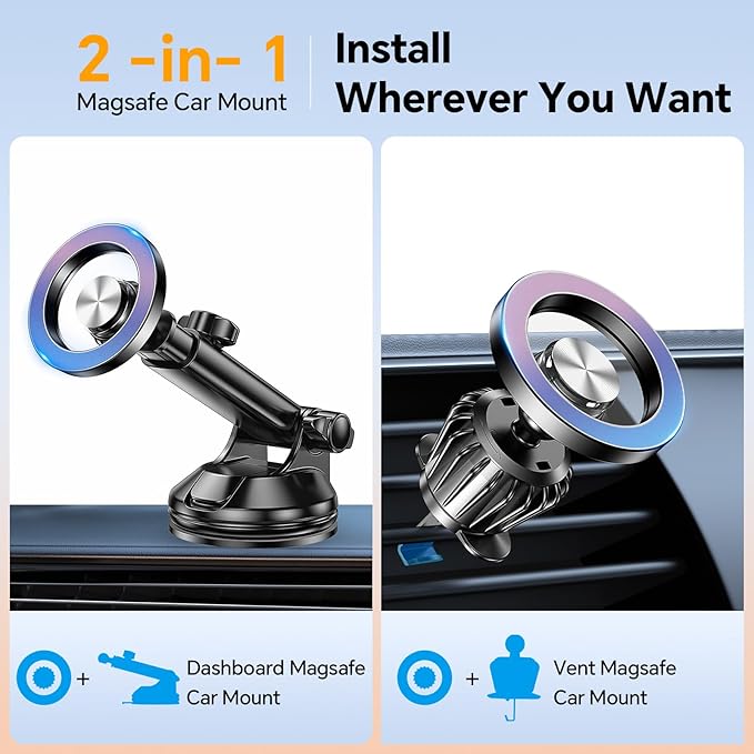 Coolpow for MagSafe Car Mount【Windshield+Vent+Dash】Magnetic Phone Holder for Car Phone Holder Mount Cell Phone Holders for Your Car Accessories Suction Phone Mount for Car Truck Stand for iPhone 17 16